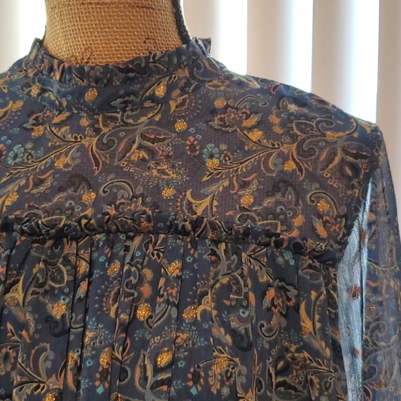 Gilli Blue long sleeve paisley print gold embellishment Med babydoll flirty - Picture 2 of 9